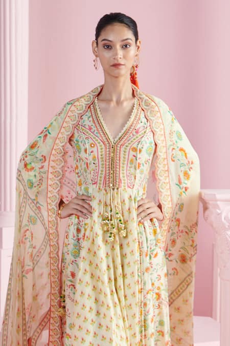 Shop Mandira Wirk - Indian Ivory Organza, Chanderi, Safal Blossom Cluster Print Anarkali Dhoti Pant Set at Aza Fashions Shop_Mandira Wirk - Indian_Ivory Organza, Chanderi, Safal Blossom Cluster Print Anarkali Dhoti Pant Set _at_Aza_Fashions