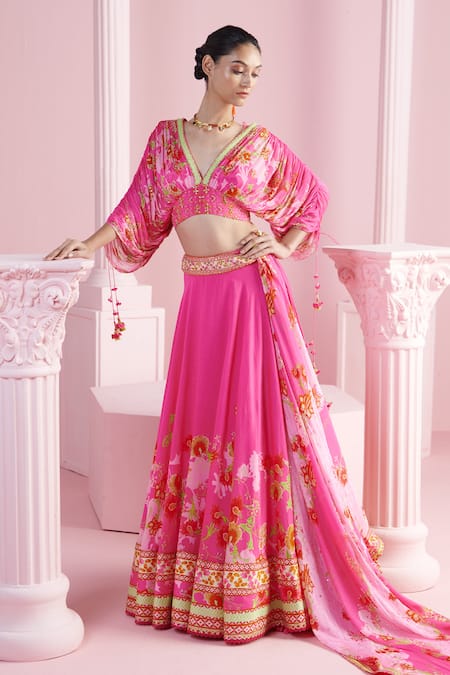 MANDIRA WIRK - Indian Pink Chiffon Printed Bloom Cluster V Neck Leyla Lehenga Set 