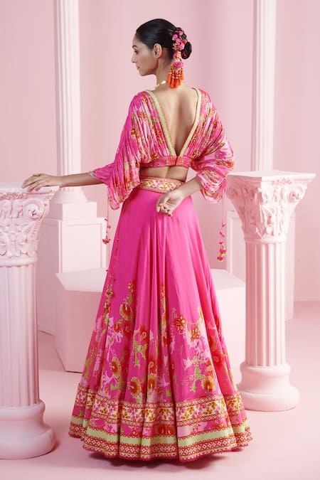 Shop Mandira Wirk - Indian Pink Chanderi, Chiffon, Viscose Cut Work, Leyla Bloom Cluster Print Lehenga Set at Aza Fashions Shop_Mandira Wirk - Indian_Pink Chanderi, Chiffon, Viscose Cut Work, Leyla Bloom Cluster Print Lehenga Set _at_Aza_Fashions