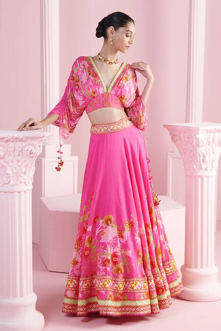 Mandira Wirk - Indian Pink Chanderi, Chiffon, Viscose Cut Work, Leyla Bloom Cluster Print Lehenga Set Online at Aza Fashions Mandira Wirk - Indian_Pink Chanderi, Chiffon, Viscose Cut Work, Leyla Bloom Cluster Print Lehenga Set _Online_at_Aza_Fashions