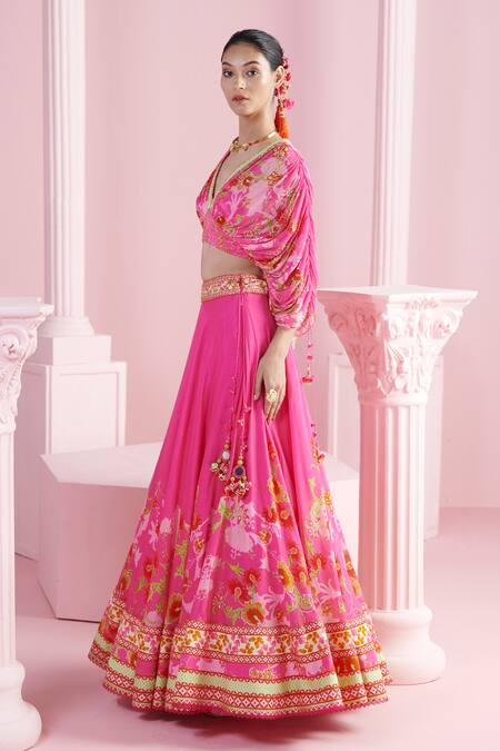 Buy Mandira Wirk - Indian Pink Chanderi, Chiffon, Viscose Cut Work, Leyla Bloom Cluster Print Lehenga Set Online at Aza Fashions Buy_Mandira Wirk - Indian_Pink Chanderi, Chiffon, Viscose Cut Work, Leyla Bloom Cluster Print Lehenga Set _Online_at_Aza_Fashions