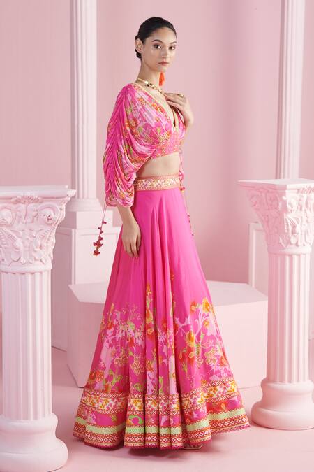 Shop Mandira Wirk - Indian Pink Chanderi, Chiffon, Viscose Cut Work, Leyla Bloom Cluster Print Lehenga Set Online at Aza Fashions Shop_Mandira Wirk - Indian_Pink Chanderi, Chiffon, Viscose Cut Work, Leyla Bloom Cluster Print Lehenga Set _Online_at_Aza_Fashions