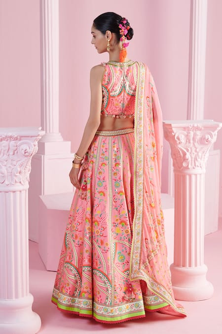 Shop Mandira Wirk - Indian Pink Chanderi, Chiffon Sequins, Beads Ekin Geometric And Floral Print Lehenga Set at Aza Fashions Shop_Mandira Wirk - Indian_Pink Chanderi, Chiffon Sequins, Beads Ekin Geometric And Floral Print Lehenga Set _at_Aza_Fashions