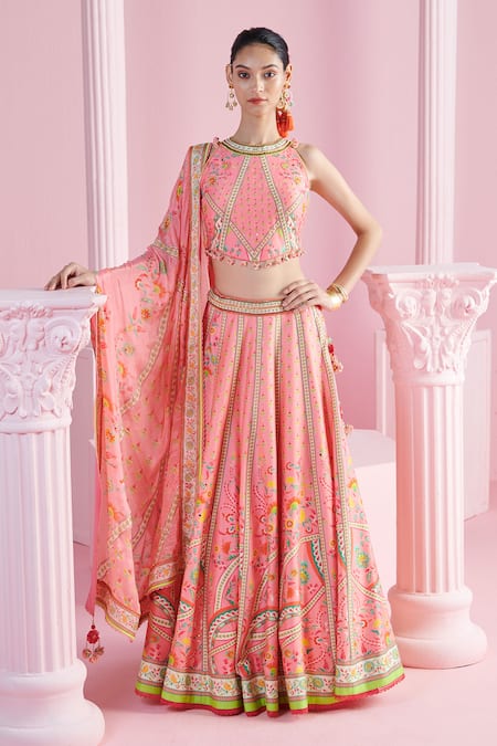 Mandira Wirk - Indian Pink Chanderi, Chiffon Sequins, Beads Ekin Geometric And Floral Print Lehenga Set Online at Aza Fashions Mandira Wirk - Indian_Pink Chanderi, Chiffon Sequins, Beads Ekin Geometric And Floral Print Lehenga Set _Online_at_Aza_Fashions