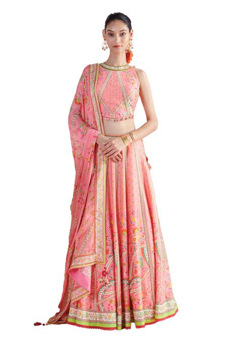 Buy Mandira Wirk - Indian Pink Chanderi, Chiffon Sequins, Beads Ekin Geometric And Floral Print Lehenga Set Online at Aza Fashions Buy_Mandira Wirk - Indian_Pink Chanderi, Chiffon Sequins, Beads Ekin Geometric And Floral Print Lehenga Set _Online_at_Aza_Fashions