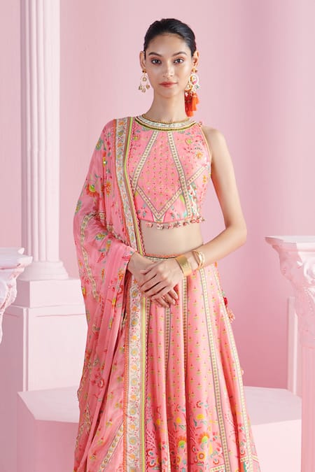 Shop Mandira Wirk - Indian Pink Chanderi, Chiffon Sequins, Beads Ekin Geometric And Floral Print Lehenga Set Online at Aza Fashions Shop_Mandira Wirk - Indian_Pink Chanderi, Chiffon Sequins, Beads Ekin Geometric And Floral Print Lehenga Set _Online_at_Aza_Fashions