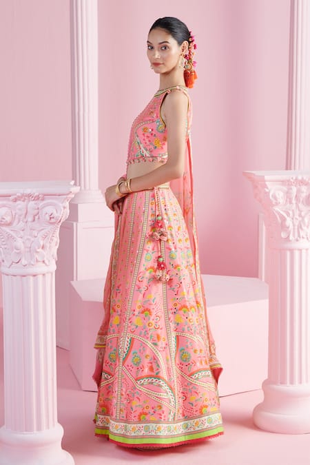 Mandira Wirk - Indian Pink Chanderi, Chiffon Sequins, Beads Ekin Geometric And Floral Print Lehenga Set at Aza Fashions Mandira Wirk - Indian_Pink Chanderi, Chiffon Sequins, Beads Ekin Geometric And Floral Print Lehenga Set _at_Aza_Fashions