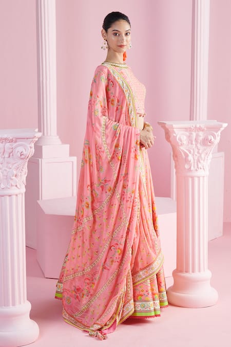 Buy Mandira Wirk - Indian Pink Chanderi, Chiffon Sequins, Beads Ekin Geometric And Floral Print Lehenga Set Buy_Mandira Wirk - Indian_Pink Chanderi, Chiffon Sequins, Beads Ekin Geometric And Floral Print Lehenga Set