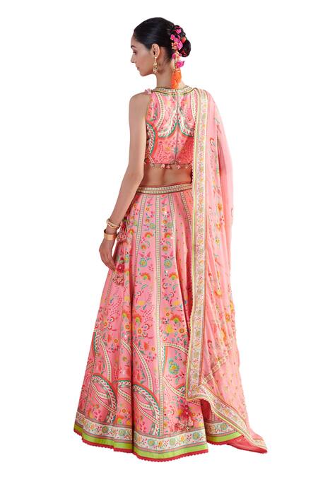 Shop Mandira Wirk - Indian Pink Chanderi, Chiffon Sequins, Beads Ekin Geometric And Floral Print Lehenga Set Shop_Mandira Wirk - Indian_Pink Chanderi, Chiffon Sequins, Beads Ekin Geometric And Floral Print Lehenga Set