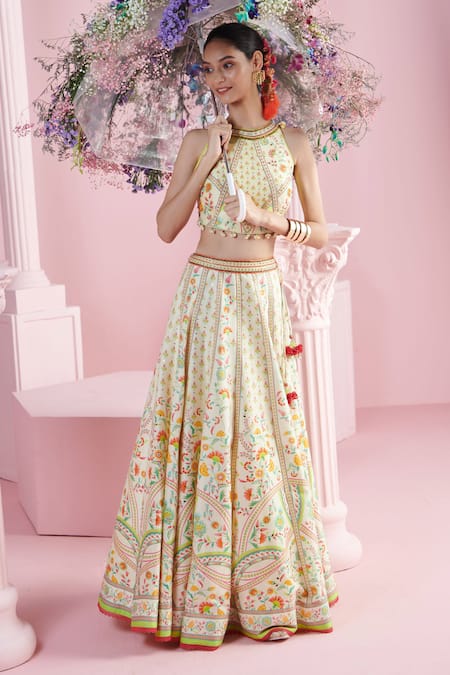 Mandira Wirk - Indian Ivory Chanderi Sequins, Beads Halter Neck Safir Blossom Print Lehenga Set Online at Aza Fashions Mandira Wirk - Indian_Ivory Chanderi Sequins, Beads Halter Neck Safir Blossom Print Lehenga Set _Online_at_Aza_Fashions