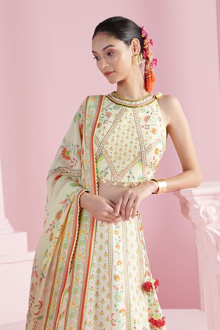 Shop Mandira Wirk - Indian Ivory Chanderi Sequins, Beads Halter Neck Safir Blossom Print Lehenga Set Online at Aza Fashions Shop_Mandira Wirk - Indian_Ivory Chanderi Sequins, Beads Halter Neck Safir Blossom Print Lehenga Set _Online_at_Aza_Fashions