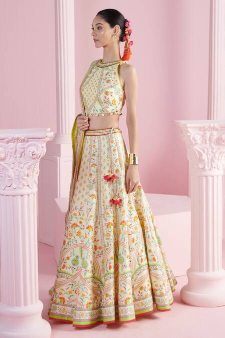 Buy Mandira Wirk - Indian Ivory Chanderi Sequins, Beads Halter Neck Safir Blossom Print Lehenga Set Buy_Mandira Wirk - Indian_Ivory Chanderi Sequins, Beads Halter Neck Safir Blossom Print Lehenga Set