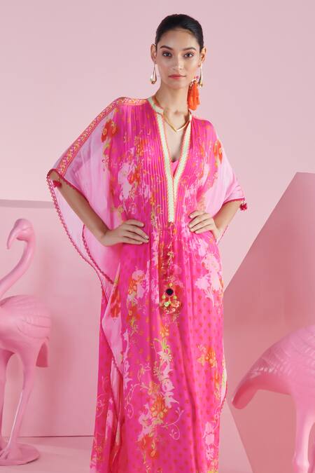 Mandira Wirk - Indian_Pink High Neck Safak Floral Cluster Print Kaftan With Bralette _Online_at_Aza_Fashions