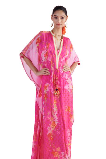 Buy_Mandira Wirk - Indian_Pink High Neck Safak Floral Cluster Print Kaftan With Bralette _Online_at_Aza_Fashions