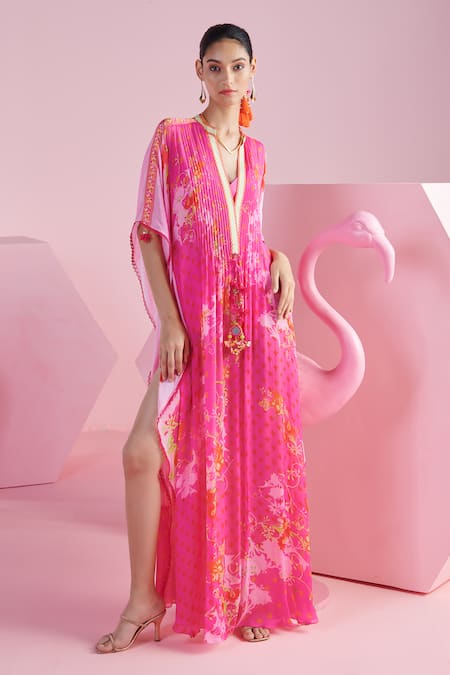 Shop_Mandira Wirk - Indian_Pink High Neck Safak Floral Cluster Print Kaftan With Bralette _Online_at_Aza_Fashions