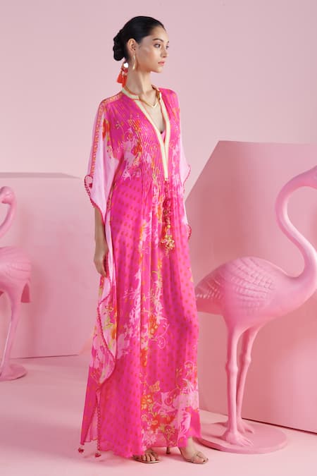 Mandira Wirk - Indian_Pink High Neck Safak Floral Cluster Print Kaftan With Bralette _at_Aza_Fashions