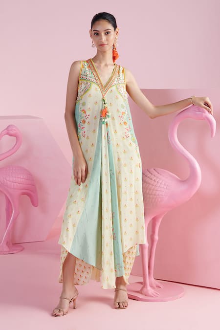 MANDIRA WIRK - Indian Multi Color Chiffon Printed Reyhan Panelled Asymmetric Tunic And Dhoti Pant Set 