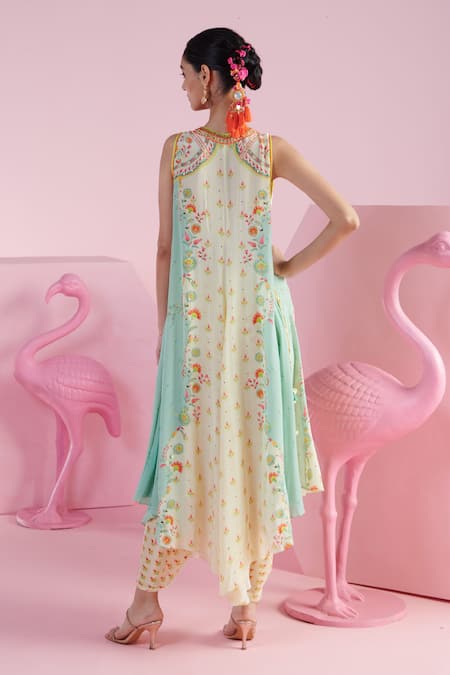 Shop Mandira Wirk - Indian Multi Color Chiffon Tassels Reyhan Panelled Asymmetric Tunic And Dhoti Pant Set at Aza Fashions Shop_Mandira Wirk - Indian_Multi Color Chiffon Tassels Reyhan Panelled Asymmetric Tunic And Dhoti Pant Set _at_Aza_Fashions