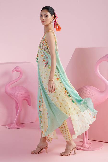 Mandira Wirk - Indian Multi Color Chiffon Tassels Reyhan Panelled Asymmetric Tunic And Dhoti Pant Set Online at Aza Fashions Mandira Wirk - Indian_Multi Color Chiffon Tassels Reyhan Panelled Asymmetric Tunic And Dhoti Pant Set _Online_at_Aza_Fashions