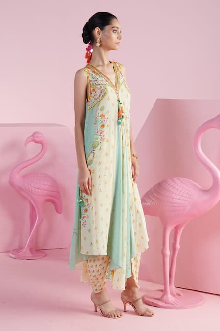 Buy Mandira Wirk - Indian Multi Color Chiffon Tassels Reyhan Panelled Asymmetric Tunic And Dhoti Pant Set Online at Aza Fashions Buy_Mandira Wirk - Indian_Multi Color Chiffon Tassels Reyhan Panelled Asymmetric Tunic And Dhoti Pant Set _Online_at_Aza_Fashions