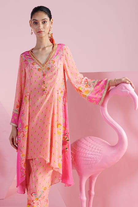 Mandira Wirk - Indian Pink Crepe Tassels, Embroidery V-neck Aseem Asymmetric Kurta And Pant Set Online at Aza Fashions Mandira Wirk - Indian_Pink Crepe Tassels, Embroidery V-neck Aseem Asymmetric Kurta And Pant Set _Online_at_Aza_Fashions
