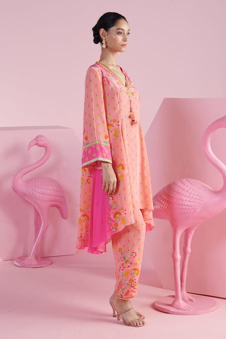 Shop Mandira Wirk - Indian Pink Crepe Tassels, Embroidery V-neck Aseem Asymmetric Kurta And Pant Set Online at Aza Fashions Shop_Mandira Wirk - Indian_Pink Crepe Tassels, Embroidery V-neck Aseem Asymmetric Kurta And Pant Set _Online_at_Aza_Fashions