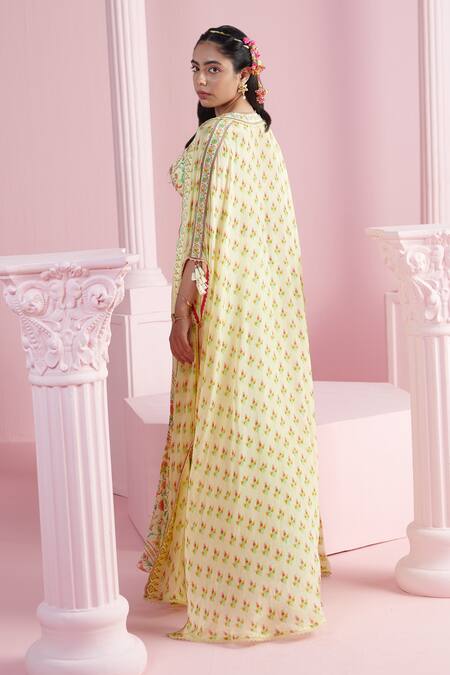 Shop_Mandira Wirk - Indian_Multi Color Chiffon Embroidery Sweetheart Neck Printed Cape Flared Pant Set _at_Aza_Fashions