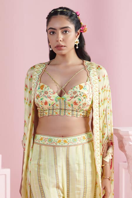 Mandira Wirk - Indian_Multi Color Chiffon Embroidery Sweetheart Neck Printed Cape Flared Pant Set _Online_at_Aza_Fashions
