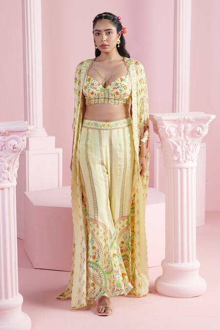 Buy_Mandira Wirk - Indian_Multi Color Chiffon Embroidery Sweetheart Neck Printed Cape Flared Pant Set _Online_at_Aza_Fashions