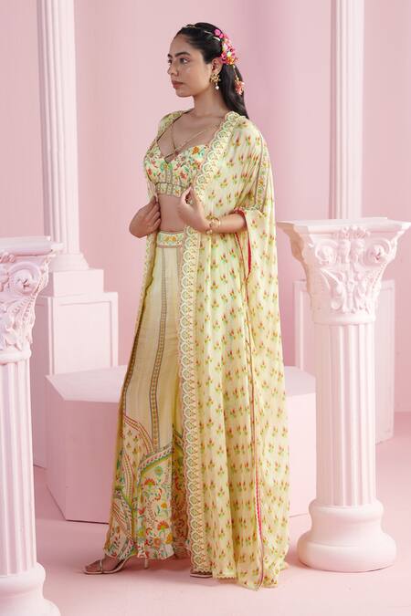 Shop_Mandira Wirk - Indian_Multi Color Chiffon Embroidery Sweetheart Neck Printed Cape Flared Pant Set _Online_at_Aza_Fashions