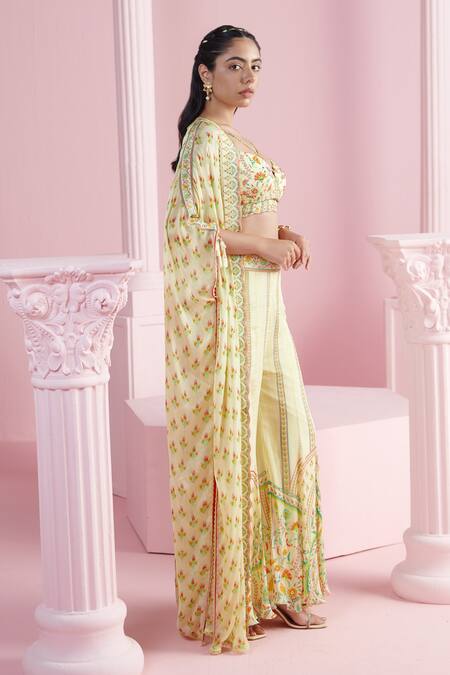 Mandira Wirk - Indian_Multi Color Chiffon Embroidery Sweetheart Neck Printed Cape Flared Pant Set _at_Aza_Fashions
