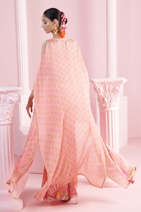 Shop_Mandira Wirk - Indian_Multi Color Chiffon Embroidery, Sequins Ziva Floral Print Cape Sharara Set _at_Aza_Fashions