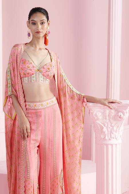 Mandira Wirk - Indian_Multi Color Chiffon Embroidery, Sequins Ziva Floral Print Cape Sharara Set _Online_at_Aza_Fashions