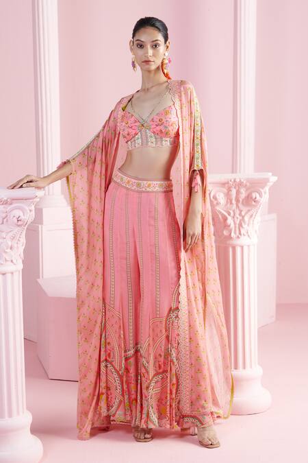 Buy_Mandira Wirk - Indian_Multi Color Chiffon Embroidery, Sequins Ziva Floral Print Cape Sharara Set _Online_at_Aza_Fashions