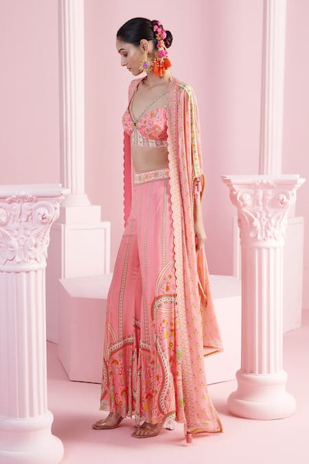 Shop_Mandira Wirk - Indian_Multi Color Chiffon Embroidery, Sequins Ziva Floral Print Cape Sharara Set _Online_at_Aza_Fashions