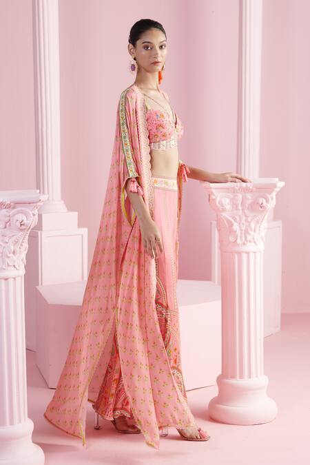 Mandira Wirk - Indian_Multi Color Chiffon Embroidery, Sequins Ziva Floral Print Cape Sharara Set _at_Aza_Fashions