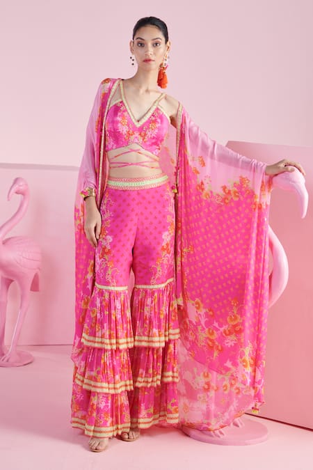 MANDIRA WIRK - Indian Multi Color Chiffon Printed Iznik Sweetheart Nur Cape Layered Sharara Set 