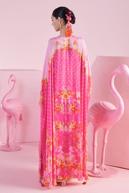 Shop Mandira Wirk - Indian Multi Color Chiffon Embroidery Nur Iznik Print Cape Layered Sharara Set at Aza Fashions Shop_Mandira Wirk - Indian_Multi Color Chiffon Embroidery Nur Iznik Print Cape Layered Sharara Set _at_Aza_Fashions