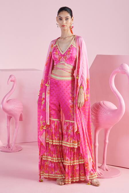 Mandira Wirk - Indian Multi Color Chiffon Embroidery Nur Iznik Print Cape Layered Sharara Set Online at Aza Fashions Mandira Wirk - Indian_Multi Color Chiffon Embroidery Nur Iznik Print Cape Layered Sharara Set _Online_at_Aza_Fashions