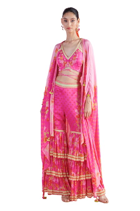 Buy Mandira Wirk - Indian Multi Color Chiffon Embroidery Nur Iznik Print Cape Layered Sharara Set Online at Aza Fashions Buy_Mandira Wirk - Indian_Multi Color Chiffon Embroidery Nur Iznik Print Cape Layered Sharara Set _Online_at_Aza_Fashions