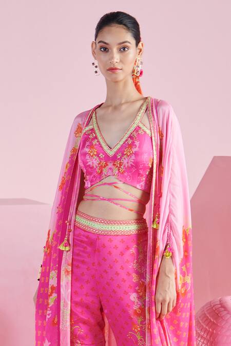 Shop Mandira Wirk - Indian Multi Color Chiffon Embroidery Nur Iznik Print Cape Layered Sharara Set Online at Aza Fashions Shop_Mandira Wirk - Indian_Multi Color Chiffon Embroidery Nur Iznik Print Cape Layered Sharara Set _Online_at_Aza_Fashions