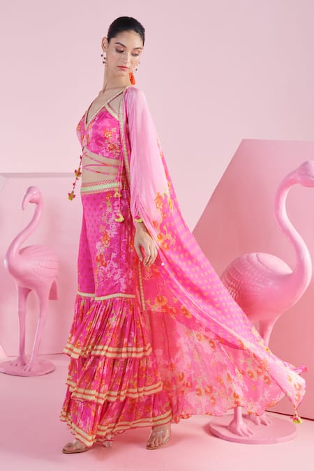 Mandira Wirk - Indian Multi Color Chiffon Embroidery Nur Iznik Print Cape Layered Sharara Set at Aza Fashions Mandira Wirk - Indian_Multi Color Chiffon Embroidery Nur Iznik Print Cape Layered Sharara Set _at_Aza_Fashions