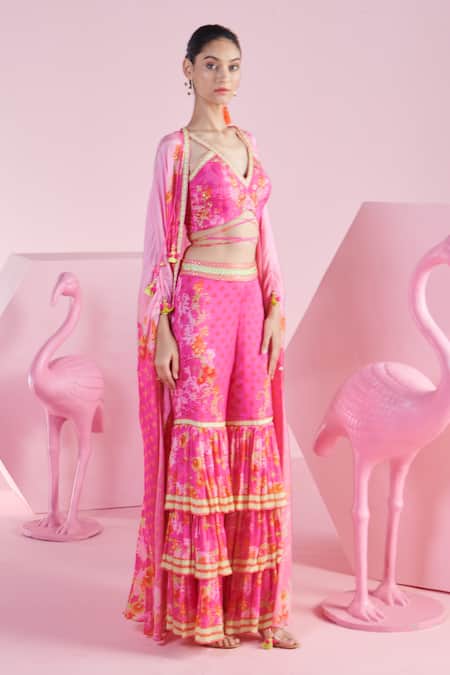 Buy Mandira Wirk - Indian Multi Color Chiffon Embroidery Nur Iznik Print Cape Layered Sharara Set Buy_Mandira Wirk - Indian_Multi Color Chiffon Embroidery Nur Iznik Print Cape Layered Sharara Set