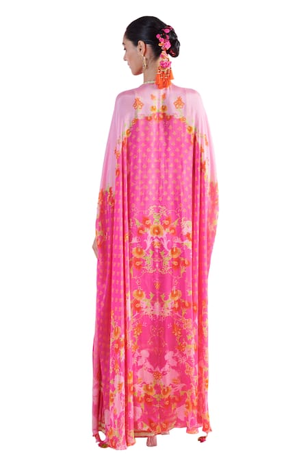 Shop Mandira Wirk - Indian Multi Color Chiffon Embroidery Nur Iznik Print Cape Layered Sharara Set Shop_Mandira Wirk - Indian_Multi Color Chiffon Embroidery Nur Iznik Print Cape Layered Sharara Set