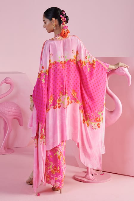 Shop Mandira Wirk - Indian Multi Color Crepe Embroidery Sweetheart Neck Floral Print Cape Draped Skirt Set at Aza Fashions Shop_Mandira Wirk - Indian_Multi Color Crepe Embroidery Sweetheart Neck Floral Print Cape Draped Skirt Set _at_Aza_Fashions