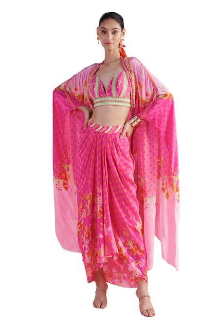 Mandira Wirk - Indian Multi Color Crepe Embroidery Sweetheart Neck Floral Print Cape Draped Skirt Set Online at Aza Fashions Mandira Wirk - Indian_Multi Color Crepe Embroidery Sweetheart Neck Floral Print Cape Draped Skirt Set _Online_at_Aza_Fashions