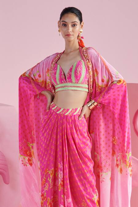 Buy Mandira Wirk - Indian Multi Color Crepe Embroidery Sweetheart Neck Floral Print Cape Draped Skirt Set Online at Aza Fashions Buy_Mandira Wirk - Indian_Multi Color Crepe Embroidery Sweetheart Neck Floral Print Cape Draped Skirt Set _Online_at_Aza_Fashions