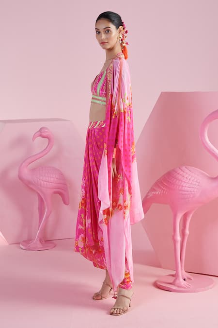 Shop Mandira Wirk - Indian Multi Color Crepe Embroidery Sweetheart Neck Floral Print Cape Draped Skirt Set Online at Aza Fashions Shop_Mandira Wirk - Indian_Multi Color Crepe Embroidery Sweetheart Neck Floral Print Cape Draped Skirt Set _Online_at_Aza_Fashions