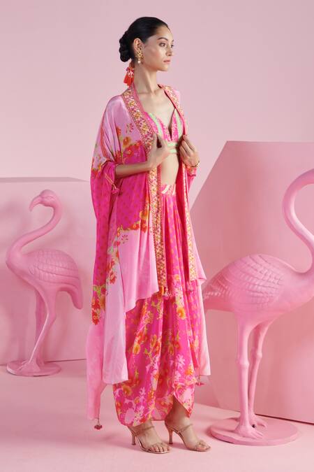 Mandira Wirk - Indian Multi Color Crepe Embroidery Sweetheart Neck Floral Print Cape Draped Skirt Set at Aza Fashions Mandira Wirk - Indian_Multi Color Crepe Embroidery Sweetheart Neck Floral Print Cape Draped Skirt Set _at_Aza_Fashions