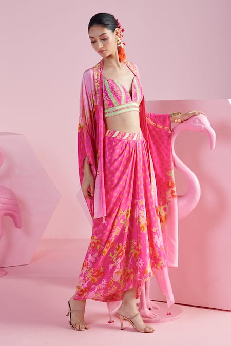 Buy Mandira Wirk - Indian Multi Color Crepe Embroidery Sweetheart Neck Floral Print Cape Draped Skirt Set Buy_Mandira Wirk - Indian_Multi Color Crepe Embroidery Sweetheart Neck Floral Print Cape Draped Skirt Set